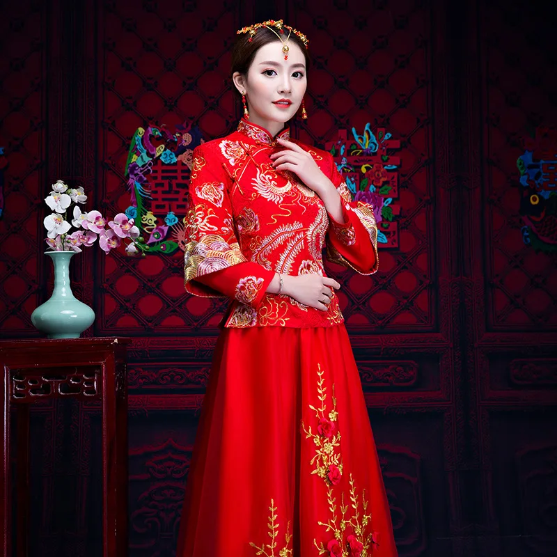 Модные красные вышивки Cheongsam Длинные Qipao Китайский традиционный свадебное платье невесты традиции халат Rouge Vestido Oriental