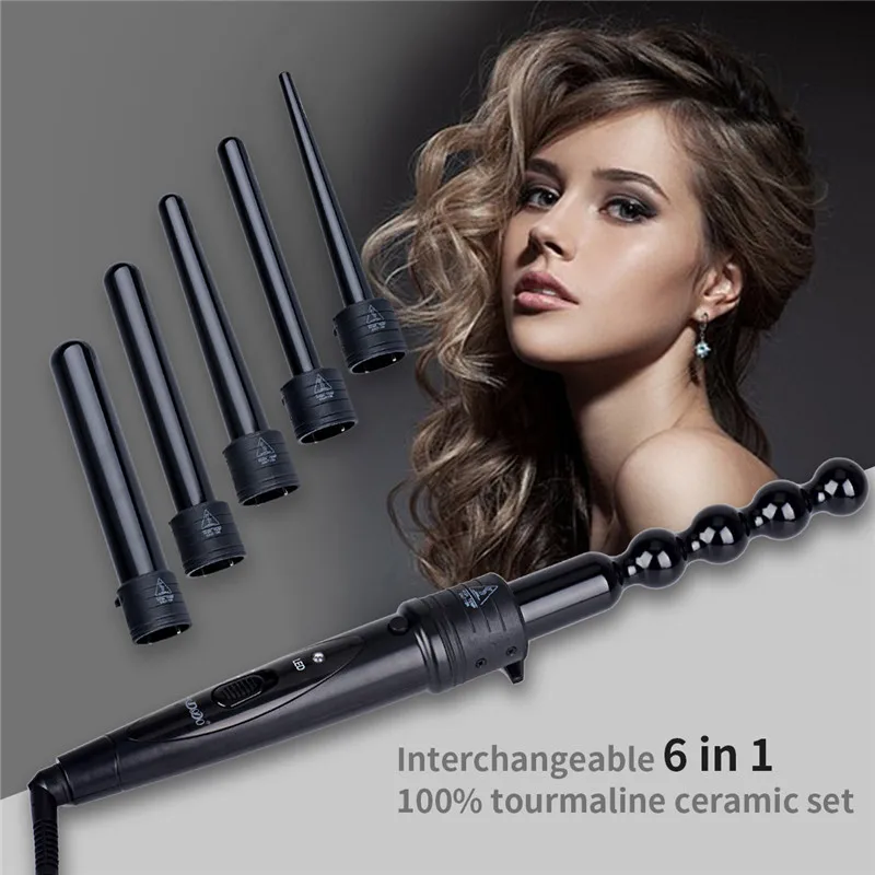 CkeyiN 6-in-1 Interchangeable Hair Curling Iron Machine Ceramic Hair Curler Set 6 Sizes Curling Wand Rollers With Glove Clips 30 4 in 1 curling iron set professional hair curler ceramic interchangeable hair wand multi color hair iron with glove