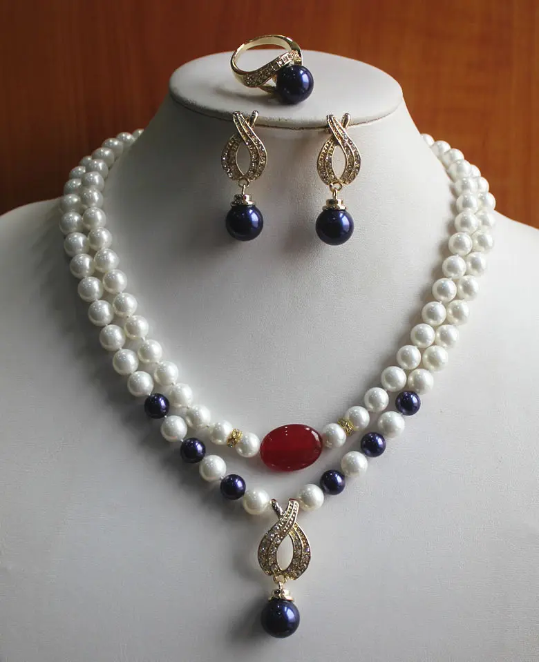 

huij 003983 New Design 8mm 2 Rows Mixed Jade/Pearl/Crystal Necklace Earring Ring Jewelry Set