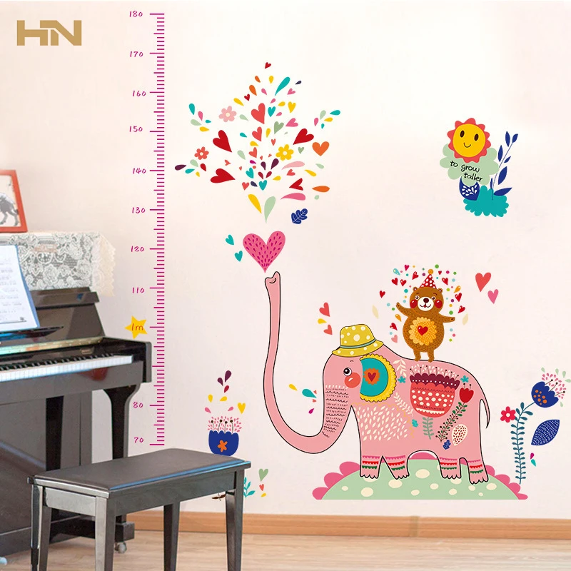 DIY Pink Elephant Height Ruler Chart Measure Wall Stickers Decoration
