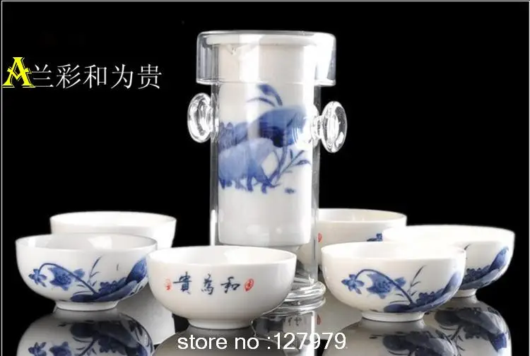 Синий и белый Фарфоровая керамика чайный набор кунг-фу уши стиль термостойкий Стеклянный заварочный чайник чайный набор 1 горшок с 6 чашками