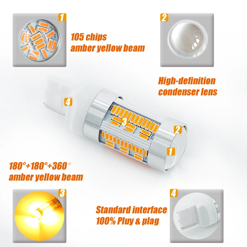 2x Canbus Нет Hyper мигает 7440 T20 7443 580 WY21W светодиодный сигнал светодиодная лампочка для авто 105SMD желтого цвета для спереди/сзади указатели поворота 12 V