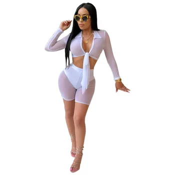 

Mesh See Through Sexy 2 Pieces Women Deep V Neck Long Sleeve Bowknot Crop Tops+Fitness Shorts Summer Outfit Two Piece Tracksuit