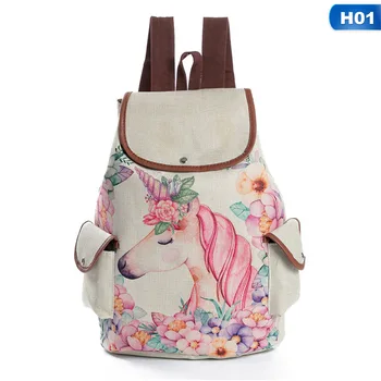 

Hot Sale Casual Cartoon Horse Printed Backpack Female Linen Drawstring School Bag For Teenage Girls Travel Rucksack