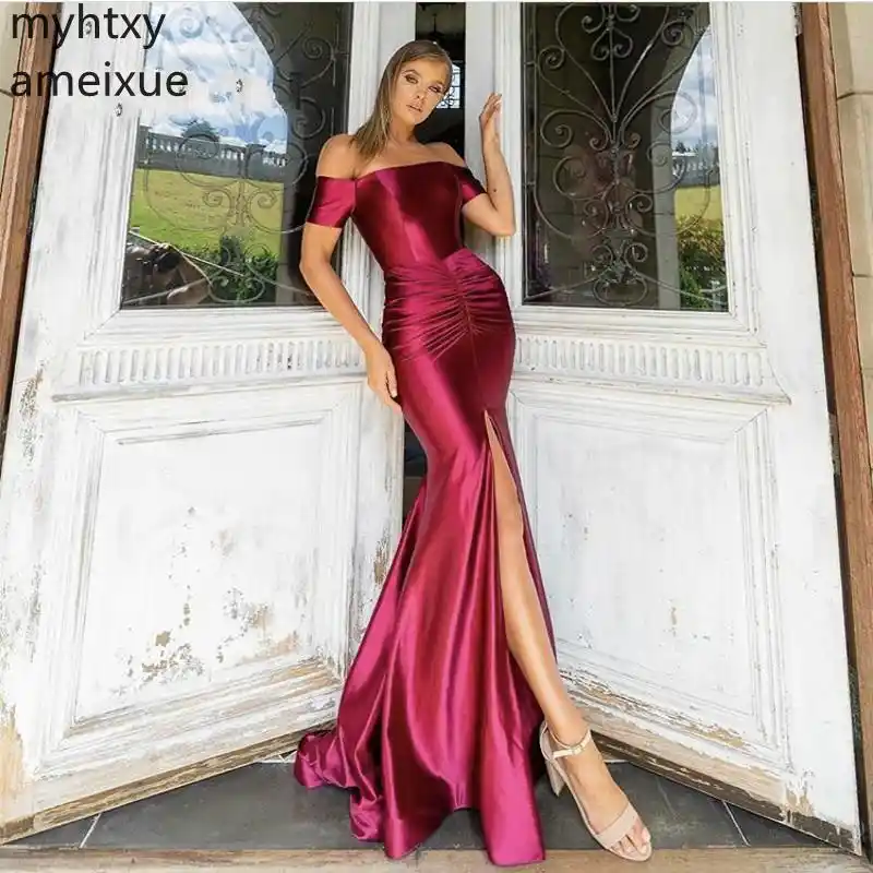 red silk off the shoulder prom dress