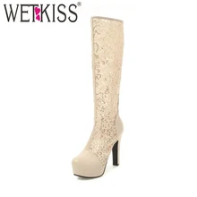 WETKISS/летние босоножки на высоких каблуках Женские сапоги до колена круглый носок молнией обувь осень модные ботинки женская обувь на платформе