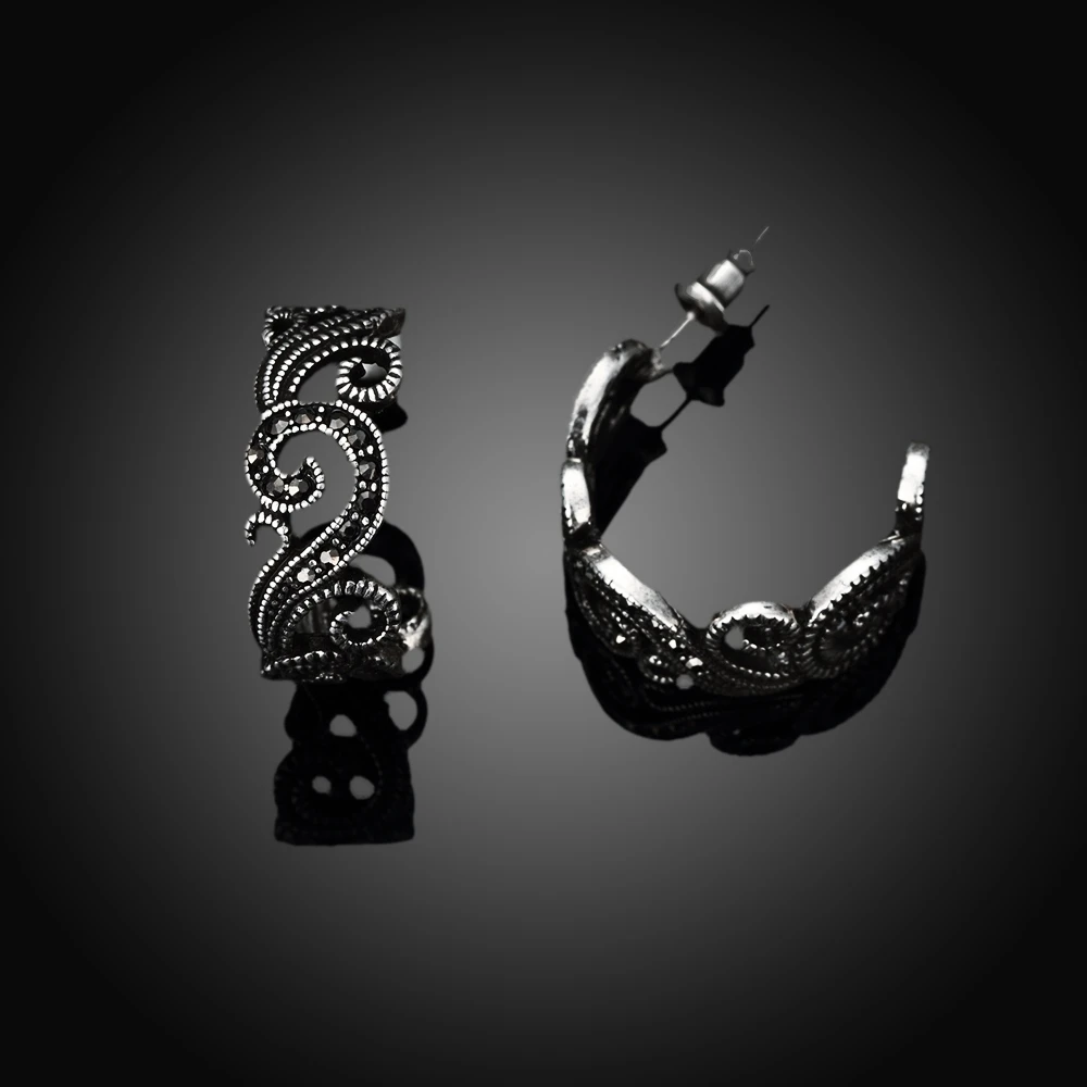 Hollow Out Personalized Women Brand Retro Flower Designer Anqitue Silver Ear Stud Earrings Black CZ Oorbellen Brincos | Украшения и