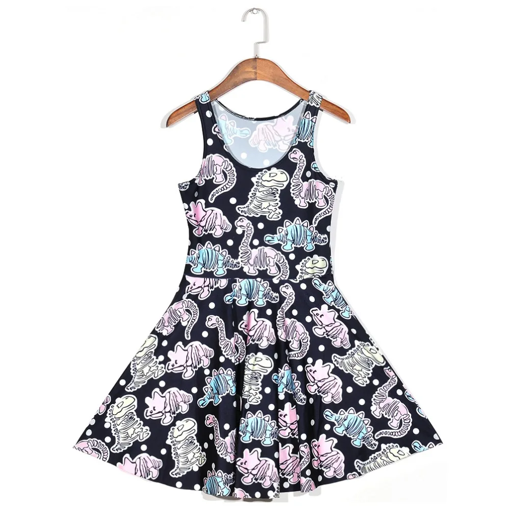 

NEW 1143 Sexy Girl Women Summer cartoon dinosaur fossil 3D Prints Vest Reversible Sleeveless Skater Pleated Dress