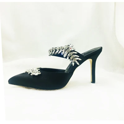 Подгонянный размер 34-40 кружевной атласный верх красивые Кристальные пряжки шпильки на высоком каблуке женские Сабо обувь - Цвет: Black Satin
