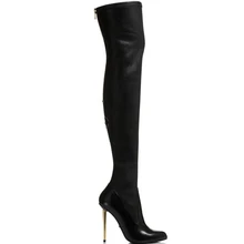 Модные кожаные сапоги выше колена на металлической шпильке; пикантные высокие сапоги на высоком каблуке с золотой молнией; зимние сапоги до бедра