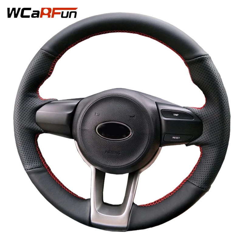 WCaRFun Black Genuine Leather Car Steering Wheel Cover for Kia Picanto