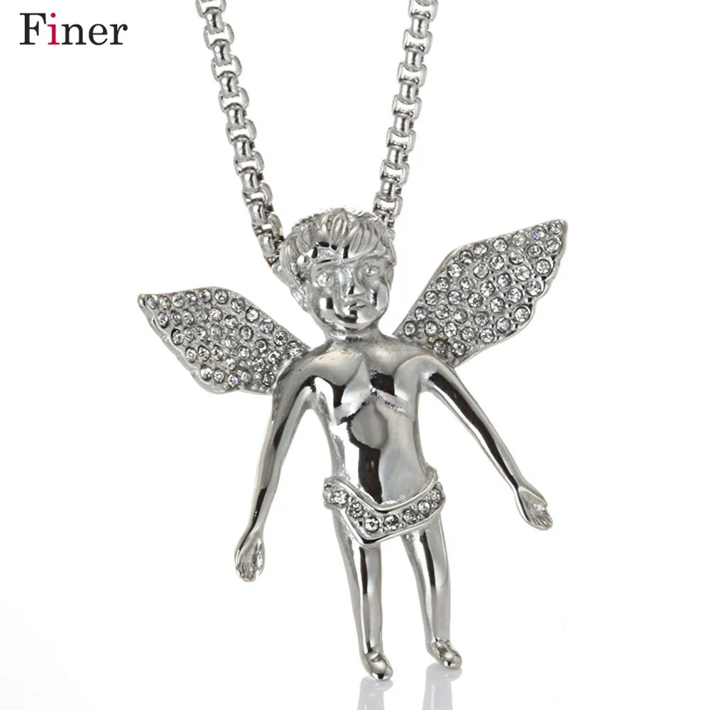 

Hip Hop Jewelry Micro Angel Pendant Cupid Wing Paved Zircon 316L Stainless Steel Men Necklace Titanium Stainless Steel