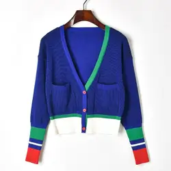 Makuluya контрастного цвета карман v-образным вырезом с длинными рукавами милый вязаный кардиган свитер Демисезонный Лето Для женщин тонкий