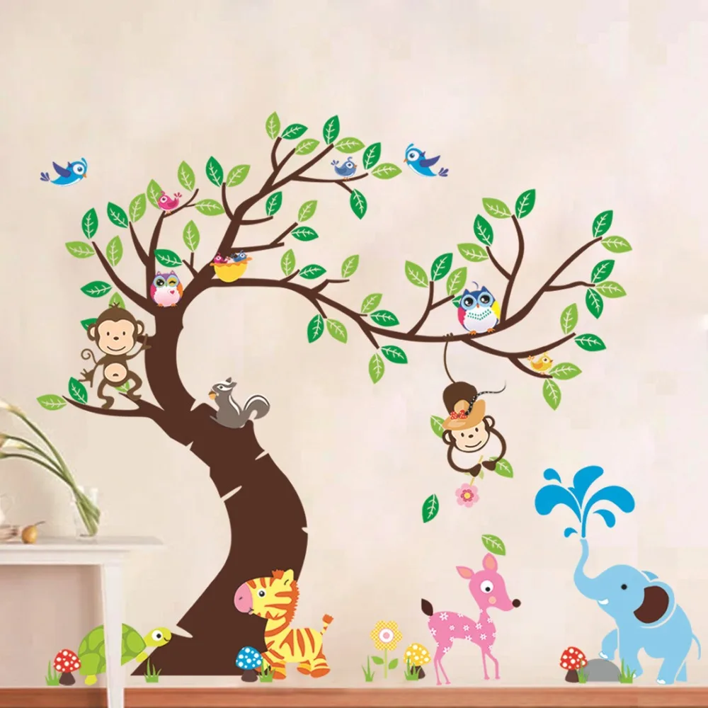 Lucu Hewan Hutan Pohon Monyet Burung Hantu Stiker Dinding Untuk