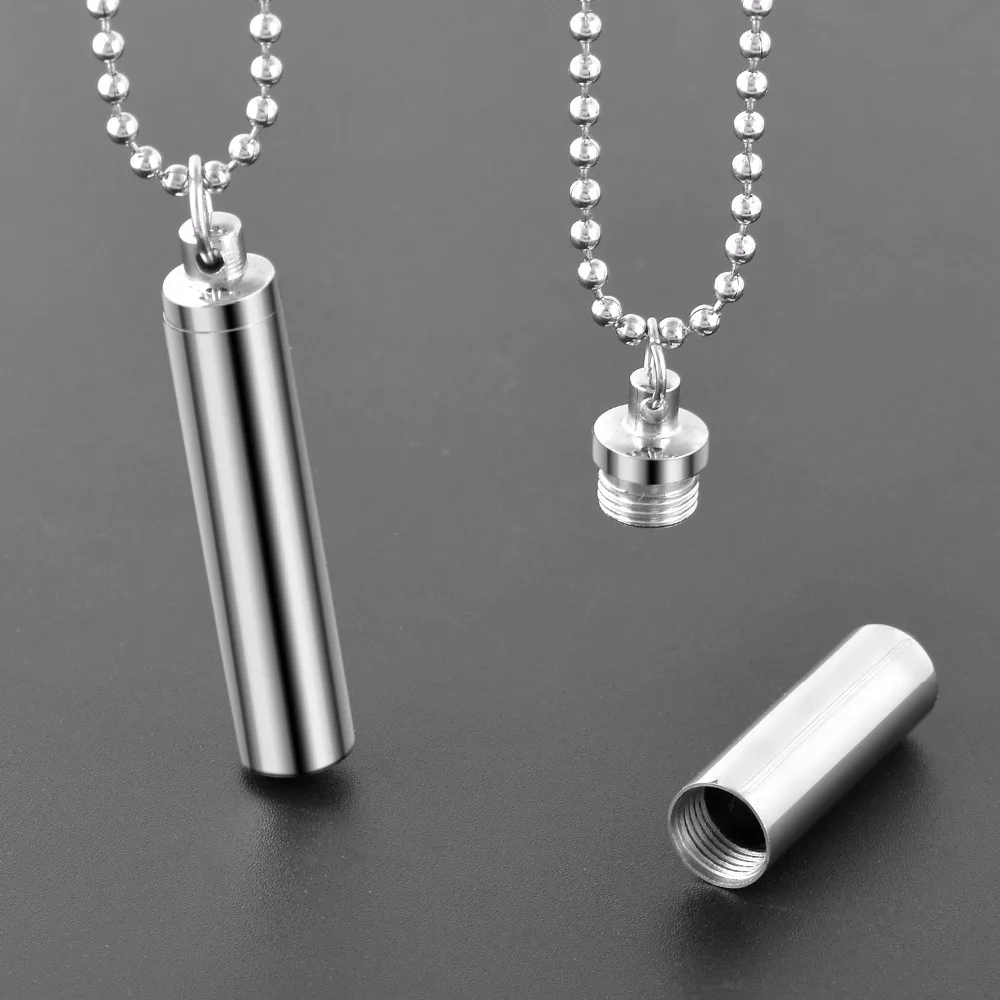 Men Stainless Steel Jewelry Pill Case Holder Cylinder Urn Pendant Memorial Necklace 2 Sizes Beaded Chain 20" 3