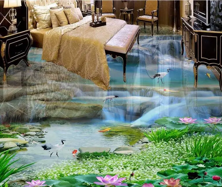 

3d flooring waterproof wallpaper custom 3d flooring Waterfalls Lotus Carp self adhesive mural wallpaper 3d floor tiles