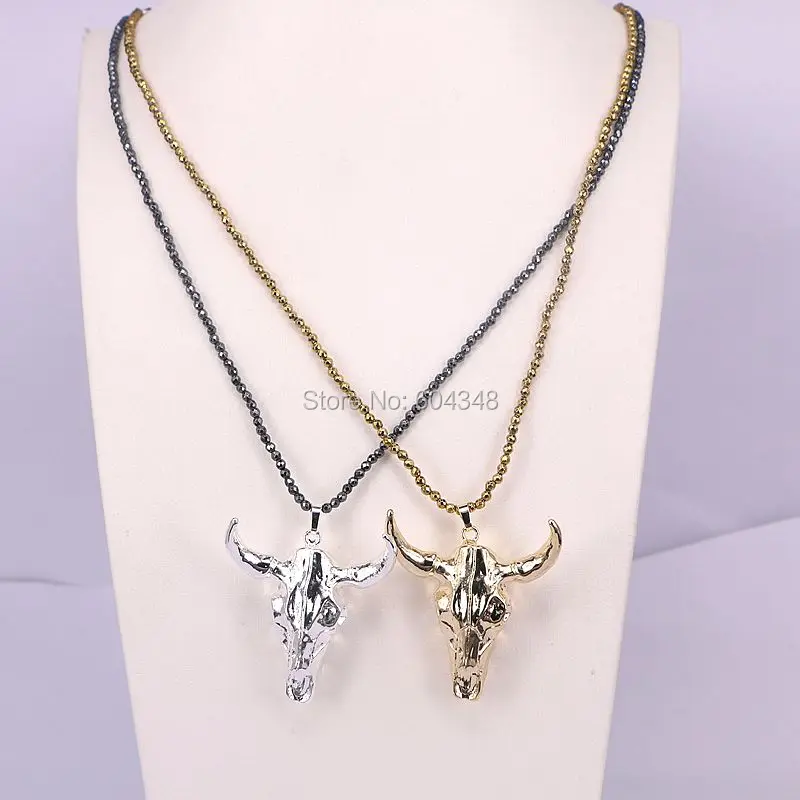 5 Strands Resin cattle horn necklace, Resin Animal Head Cattle bull necklace Hematite beads