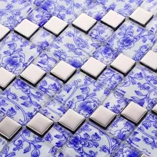 Ретро китайский стиль синий цветок художественная Посеребренная стеклянная мозаичная плитка, санузел для ванной комнаты камин настенная плитка