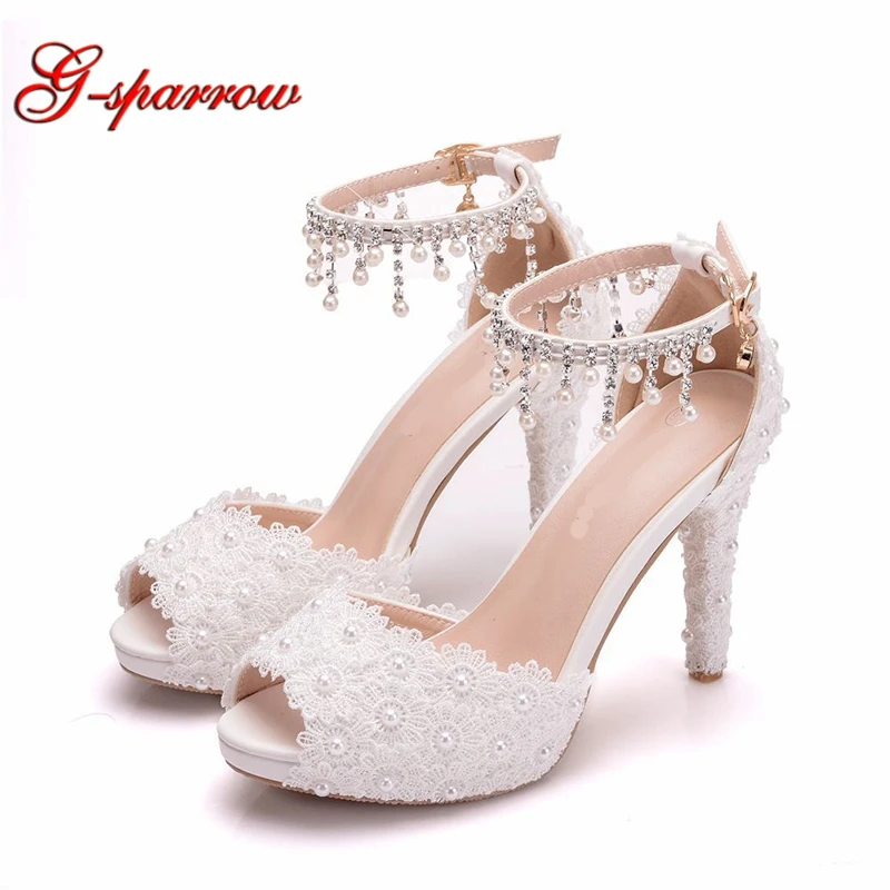 White Lace Wedding Heels Peep Toe High Heel Sandals Platform Lace ...