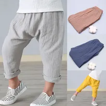 Calça lisa infantil de linho 2-7y, peça plissada barra no tornozelo modelo folgado