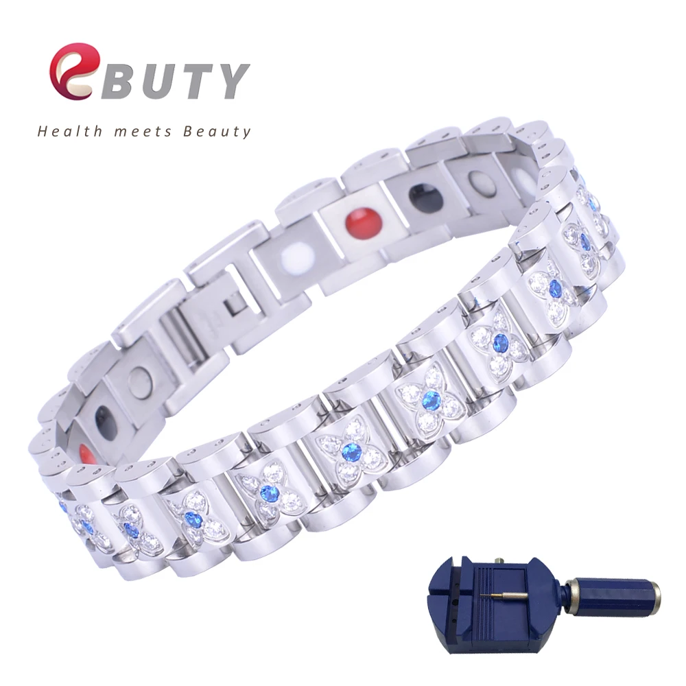 

EBUTY Crystal Bracelet for Women Stainless Steel with 4 in 1 Energy Balls Magnet FIR ION Germanium Health Fashion Jewelry Bangle