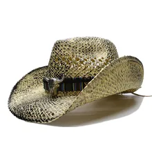 LUCKYLIANJI Лето ретро женские мужские широкие поля, из соломы солнце Пляж Ковбой Западный шляпа выдалбливают голова быка кожаный ремешок 58 см регулировки