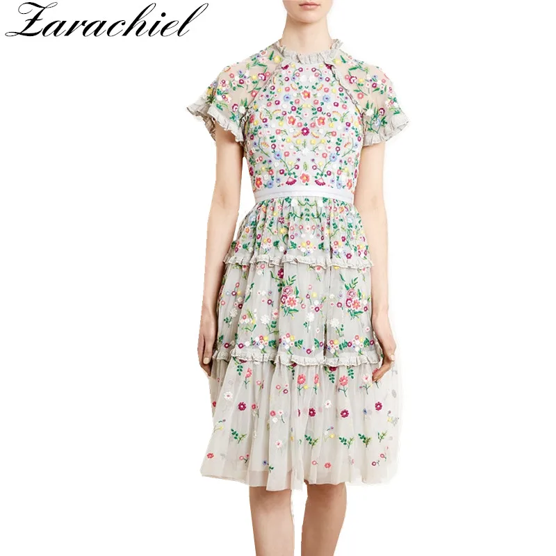 

Sweet Overlay Flower Embroidery Lace Mesh Dress 2019 Summer Women Runway Short Sleeve Ruffles Casual Party Princess Floral Dress