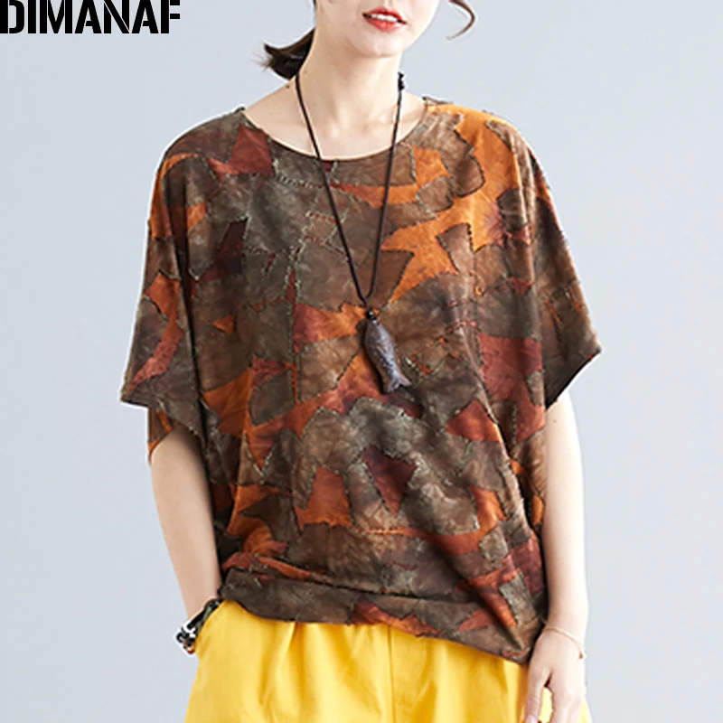 

DIMANAF Plus Size Women T-Shirts Basic Lady Tops Tees Vintage Print Patchwork Female Clothes Loose Batwing Shirt 2019 Summer New