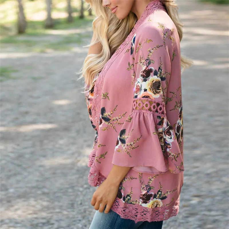 Gladiolus 2019 Spring Womens Tops And Blouses Loose Floral Print Flare Sleeve Lace Women Kimono Cardigan Summer Shirts Plus Size (58)