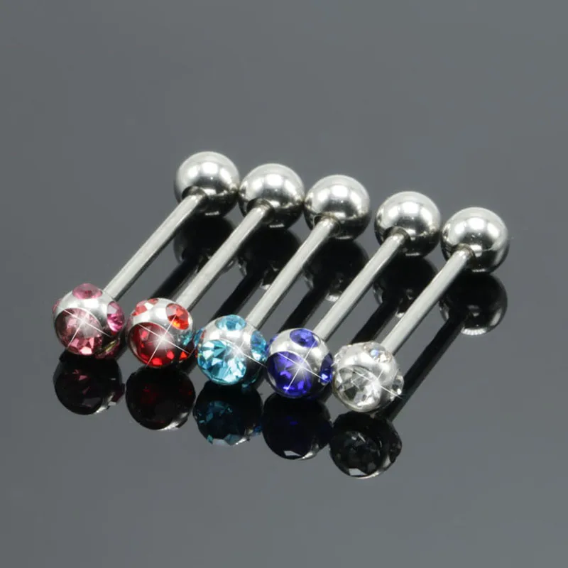 Fashion Barbell Tongue Ring Piercings For Tongue 20mm Long Bar 14G 1.6mm Thickness Czech Crystal Body Pircing Jewelry Tragus New2