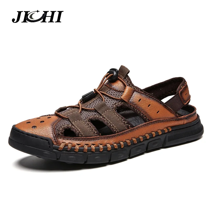 JICHI Элитный бренд 2019 Новый Мужские вьетнамки; тапочки из натуральной кожи летние модные пляжные сандалии обувь для Для мужчин большой