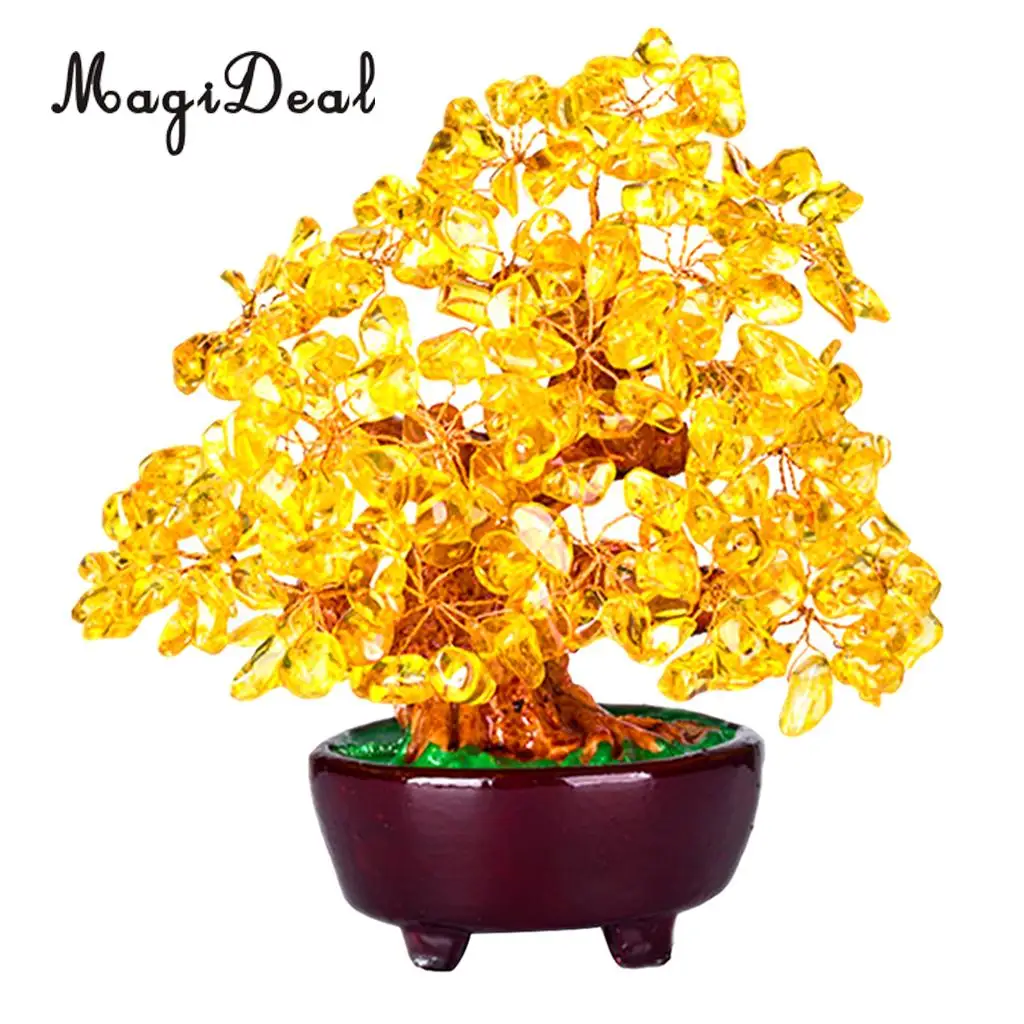 7'' Natual Crystal Money Tree Bonsai Style Feng Shui Wealth and Luck Tree -Yellow