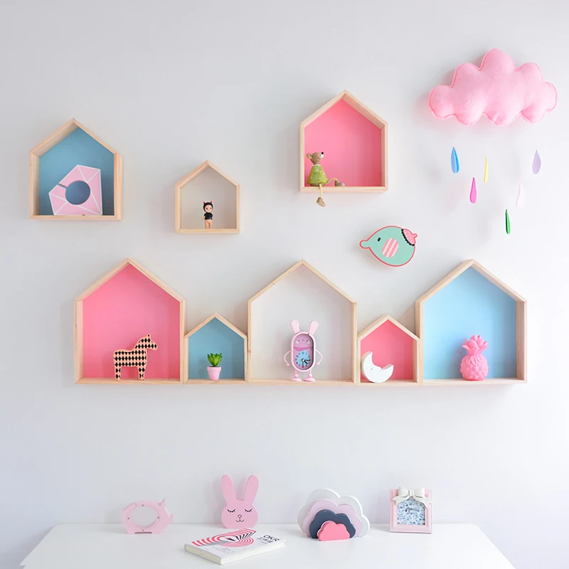 

Wooden House Shape Racks Nordic Colorful Livingroom Baby Room Wall Hanging Storage Holders Creative Desktop Decoration Shelves