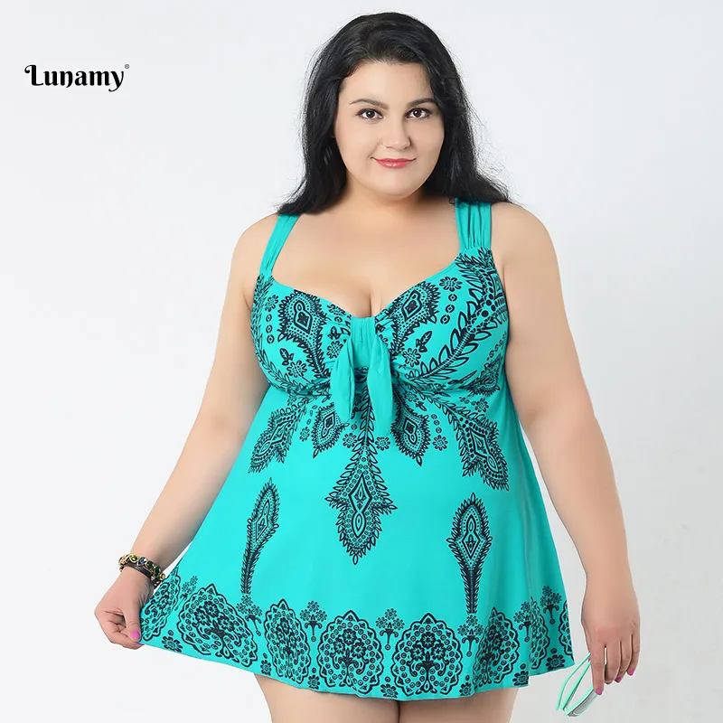 58-66/4XL-8XL размера плюс слитный купальник женский с узлом на груди бандаж цветочный принт юбка большой размер пляжное платье большой размер купальники - Цвет: W5133-Green