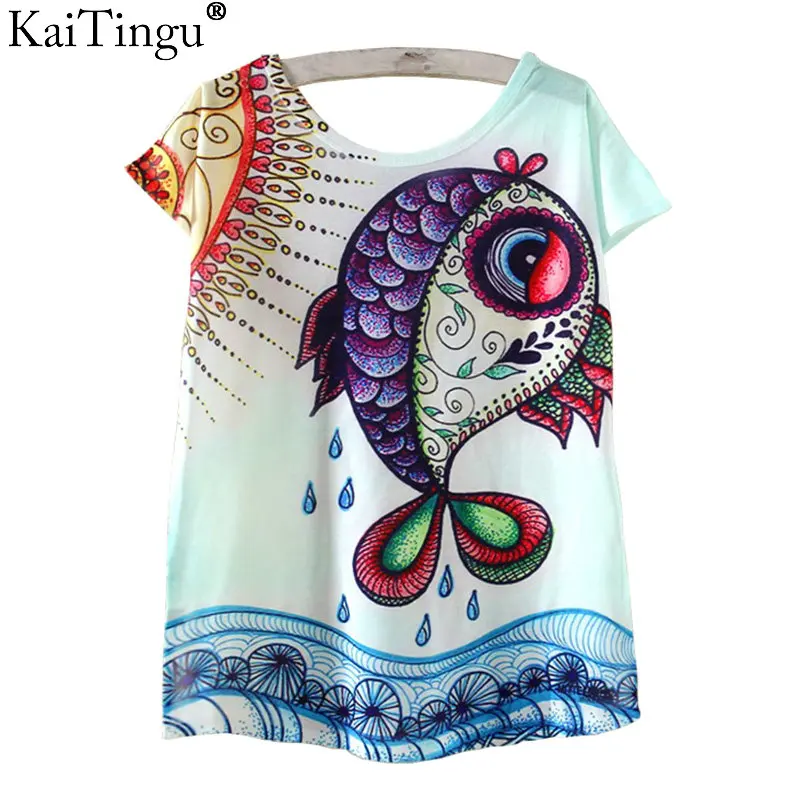 KaiTingu/Новинка летняя футболка Harajuku Kawaii Милая с принтом рыбы животного панды