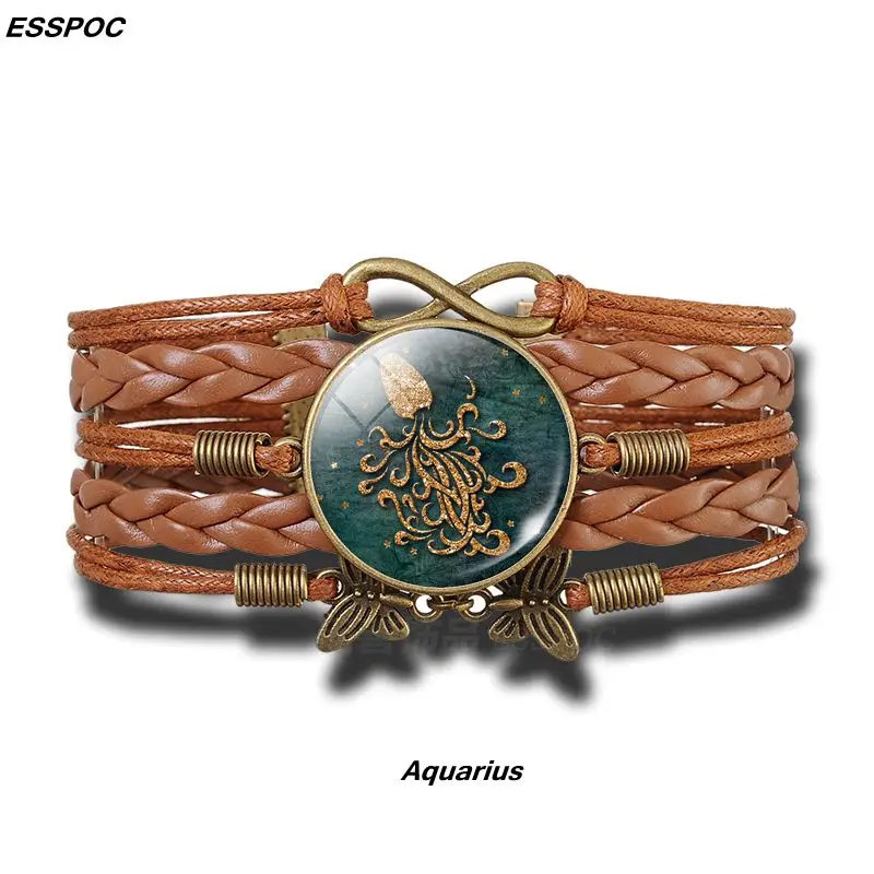 Унисекс панк кожаный браслет 12 знаков зодиака модный коричневый многослойный браслет созвездия модные ювелирные изделия для мужчин и женщин - Окраска металла: Aquarius