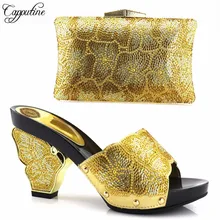 Capputine Gold Color Italian Matching Shoes And Bag Set Decorated With Rhinestone Nigerian Women Wedding Shoes And Bag Set