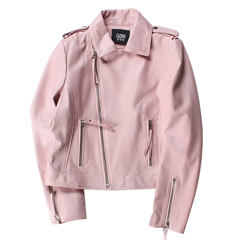 2018 Spring Genuine Leather Jacket for Women Pink Black Zipper Moto Sheepskin Vintage Basic Jacket Women Winter Coat Streetwear
