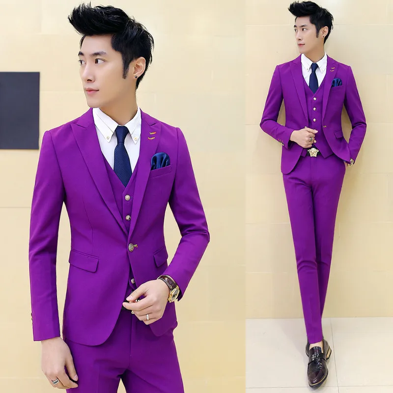 Костюм жениха, брендовый мужской костюм, дизайнерский, для свадьбы, вечеринки, события, однотонный, зеленый, розовый, 10 цветов, приталенный, для выпускного, костюм из 3 предметов - Цвет: purple