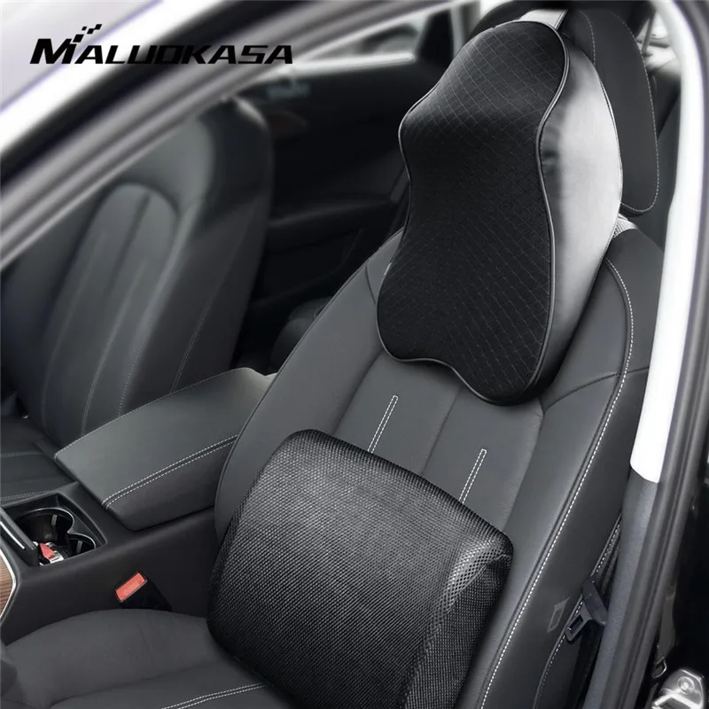 MALUOKASA 1Set PU Leather Universal 3D Space Memory Cotton Neck Car Headrest Lumbar Support Neck Waist Pillow for Auto Car Seat