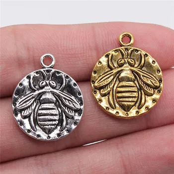 

WYSIWYG 4pcs 24x20mm Round Bee Charm Pendants Antique Gold Antique Silver Color Queen Bee Charm Double Sided Bee Pendants