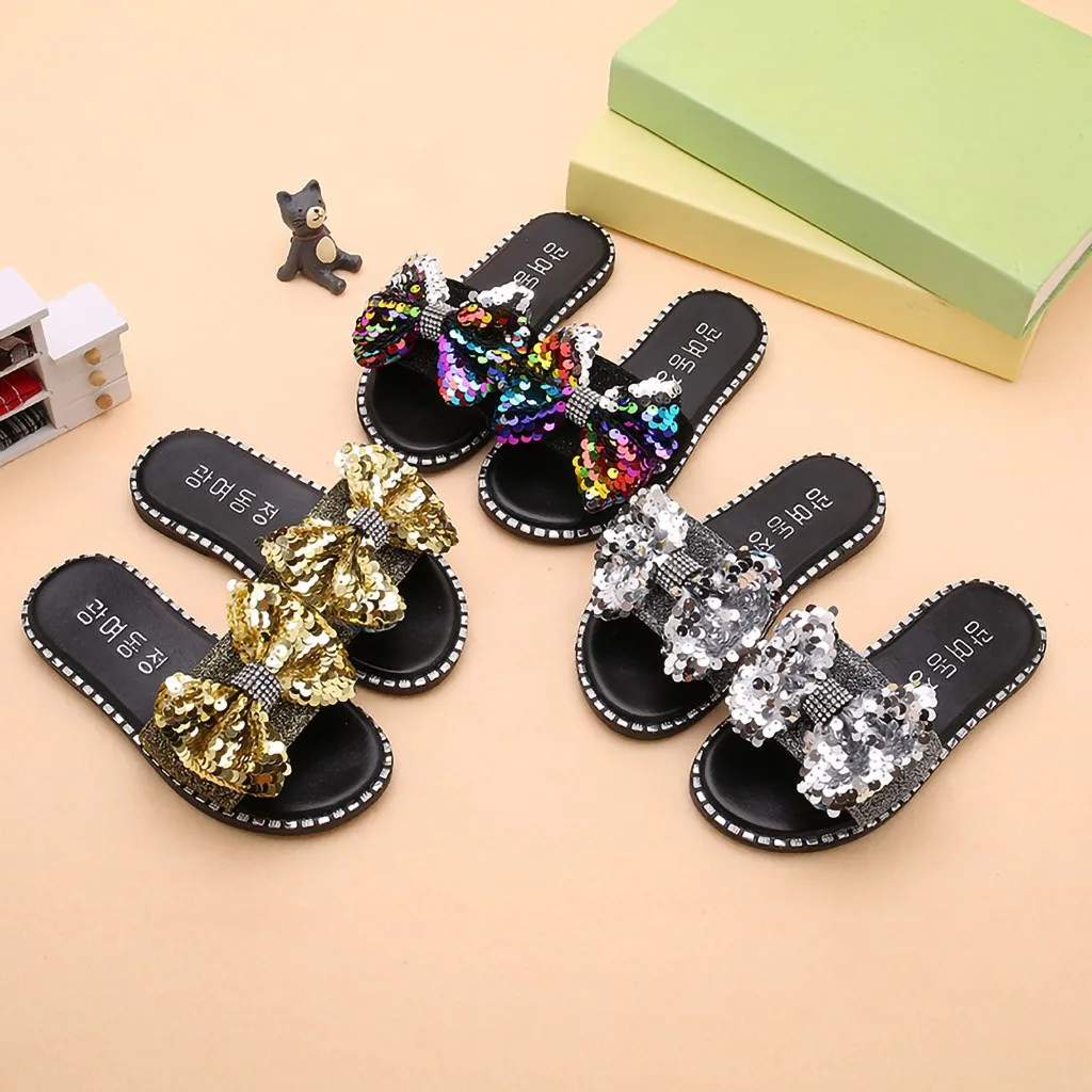 

2019 Girls Rhinestone Bow-knot Summer Slipper Children Kids Baby Girls Bling Sequins Crystal Princess Slipper Shoes pantuflas