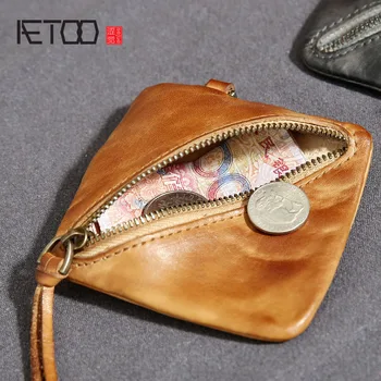 

AETOO Retro old square first layer leather purse men leather coin bag female mini bag