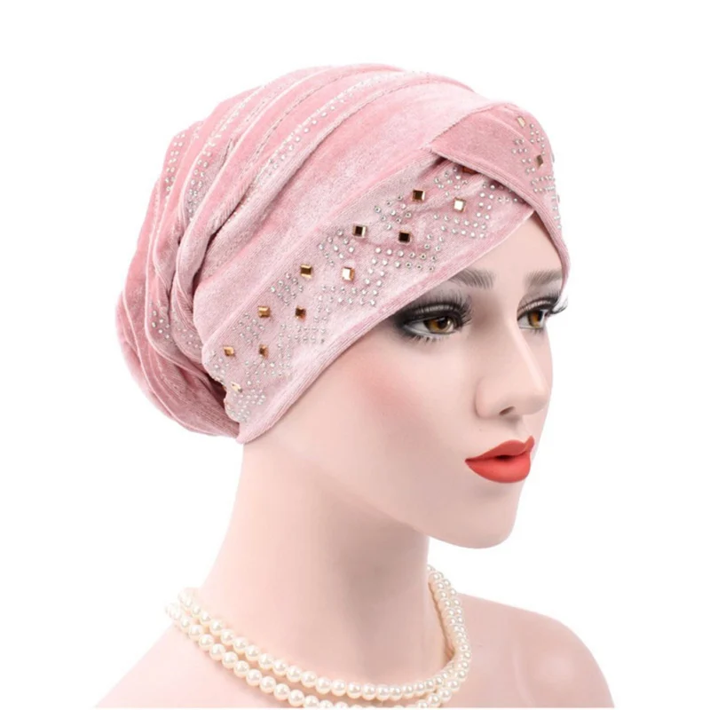 Женский хиджаб бархат большие стразы тюрбан голова Кепка шапка бини женские аксессуары для волос мусульманский шарф шапка выпадение волос 12 цветов
