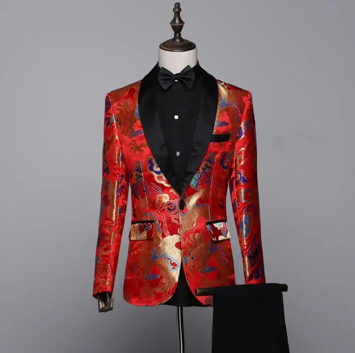 

Chorus embroidery wedding suits for men red blazer boys prom mariage suits mens masculino latest coat pant designs Chinese style