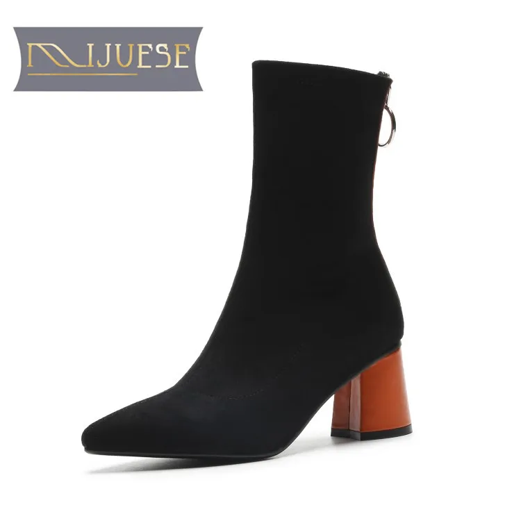 

MLJUESE 2019 women ankle boots stretch fabric zippers mixed colors high heels boots winter short plush ankle boots party dress