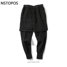 Поддельные 2 шт для мужчин Jogger брюки хип хоп Рок Patcwork юбка брюки для мужчин Jogger мужские тренировочные брюки Hight Street Harujuku Pantalon Homme