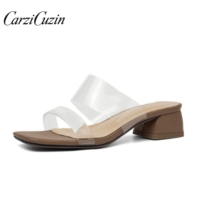 

Carzicuzin 5 Color Women Sandals High Quality Pvc Square Heels Shoes Fashion Party Women Footwear Zapatos De Mujer Size 34-40