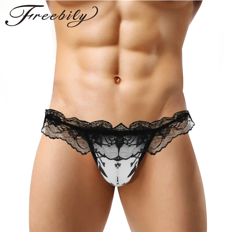 

Freebily Sissy Gay Men Floral Exotic Lingerie G-String Lacework Open Back Bulge Pouch Low Rise G-string Bikini Underwear Panties