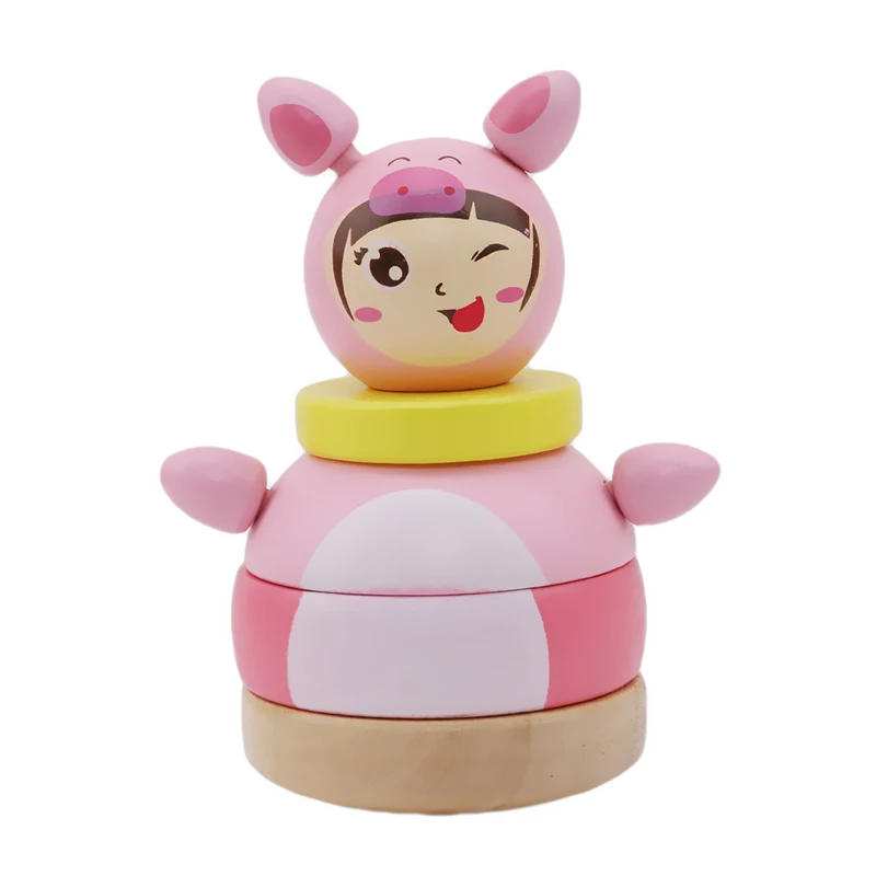 Мультфильм игра в штабелирование деревянные развивающие блоки игрушки тумблер кукла Мобильная игрушка для новорожденных - Цвет: Розовый